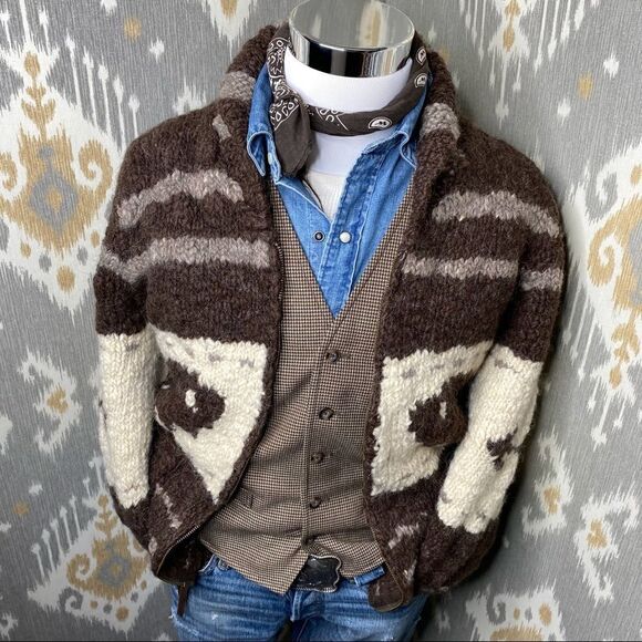 Polo Ralph Lauren Vtg Handknit Cowichan Inspired Buffalo Zip Cardigan Sweater - Picture 5 of 16